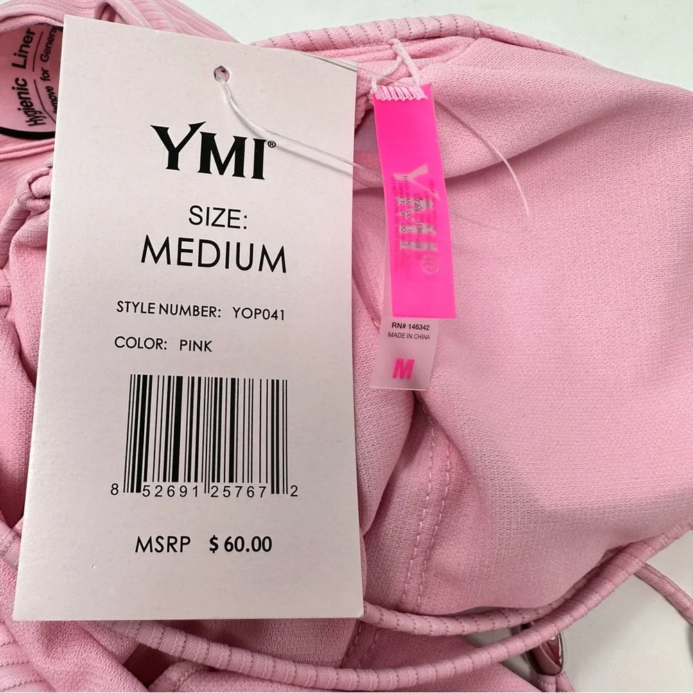 YMI NWT Ribbed Crisscross Lace Up One Piece Swimsuit Pink Size M